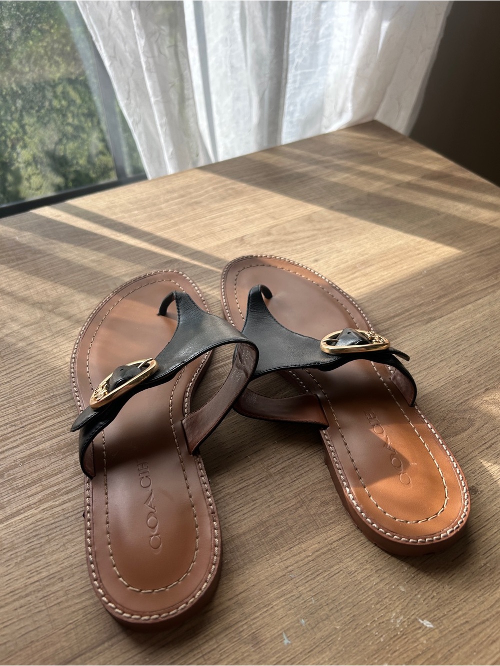 Coach Black Leather Thong Sandals with Gold Buckle Trim - Picture 4 of 5